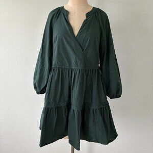 Madewell Emerald Green Poplin Wrap Puff Sleeve Mini Dress w/Adjustable Waist
